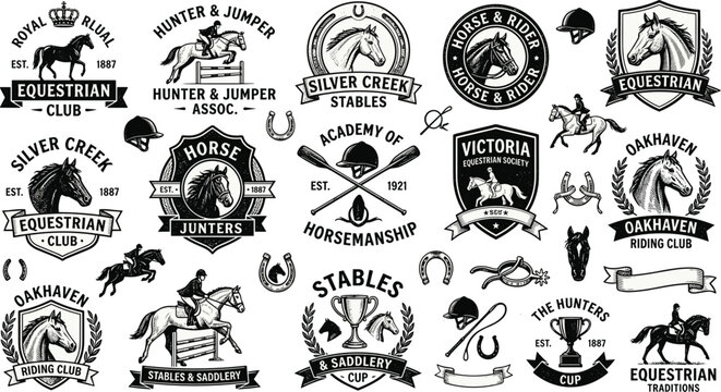 Vintage Equestrian Logo Badges and Icon Collection with Retro Horse Riding Clubs, Show Jumping Emblems, and Horsemanship Graphic Vectors