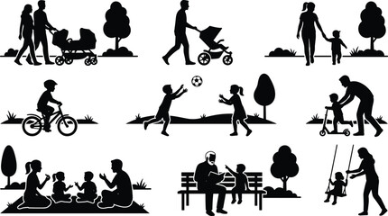 Collection of silhouettes of families and children enjoying outdoor activities in the park during sunny day
