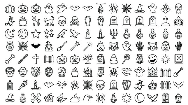 Halloween line icon set, spooky holiday vector symbols, 112 black outline icons of pumpkins, ghosts, bats and gravestones for autumn celebration