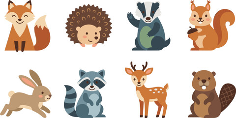 Cute Woodland Forest Animals Flat Vector Illustration Set Featuring Fox Hedgehog Badger Squirrel Rabbit Raccoon Deer and Beaver © Fajle