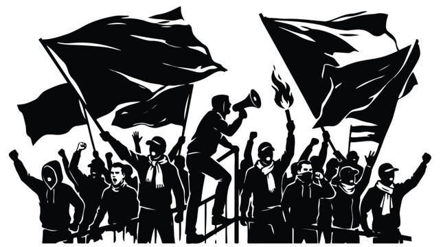 Protest silhouette vector illustration, crowd of activists with flags and megaphone, political demonstration and social movement graphic