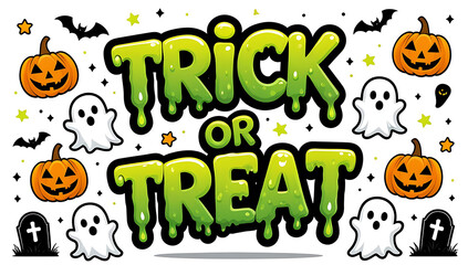 Fototapeta premium Fun Trick or Treat Halloween typography featuring pumpkins, ghosts, bats, and festive doodles, perfect for shirts, stickers, cards, and party decor.