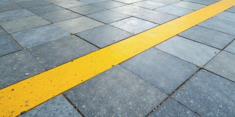 Fototapeta premium A vibrant yellow line sharply bisects a gray paved pathway, creating a striking visual contrast and suggesting a directional guide or separation within the paved area.