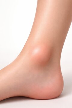 Human foot with visible swelling around the ankle, skin tone appears light, positioned on a white background for medical examination or educational purposes