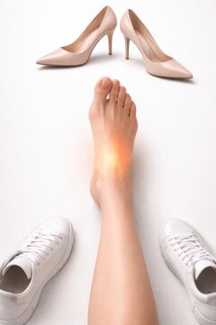 Foot displayed between elegant high heels and casual sneakers, emphasizing the choice between formal and comfortable footwear on a minimalist white surface