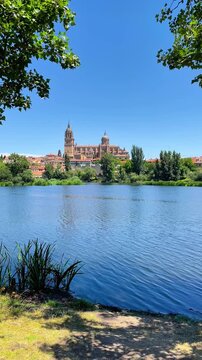 Scenic view of Salamanca cathedral and Tormes river with green trees under blue sky in Spain- Vertical video