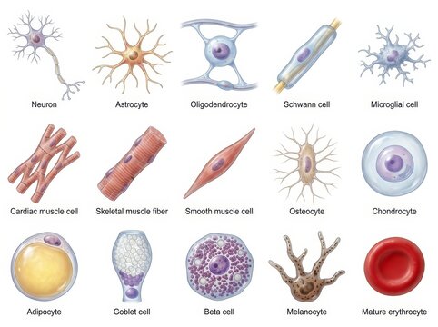 Illustration of various human cell types, each uniquely labeled, in a horizontal grid.