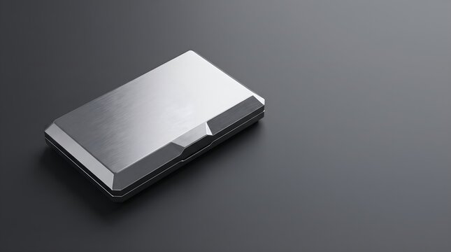 Sleek metallic external storage drive on dark minimalist surface