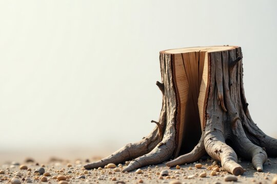 A weathered tree stump rests on a sandy surface, its exposed roots splayed wide, suggesting resilience and survival