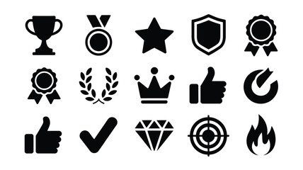 Set of bold black and white achievement icons for success with flat vector collection fifteen distinct symbols representing achievement excellence striking monochrome contrast © PRITOM