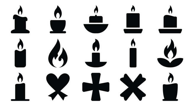 Black silhouette icons of lit candles in various styles with collection minimalist black candles paired symbolic symbolic shapes flames flames crosses hearts