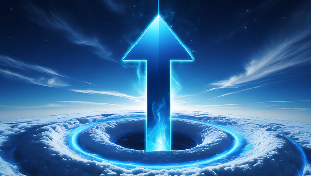 Glowing blue upward arrow emerging from a swirling portal, representing innovation, progress, success and future-focused technology concepts.