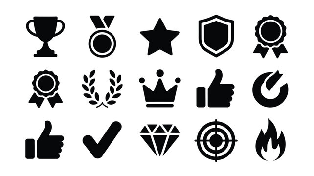 Set of bold black and white achievement icons for success with flat vector collection fifteen distinct symbols representing achievement excellence striking monochrome contrast
