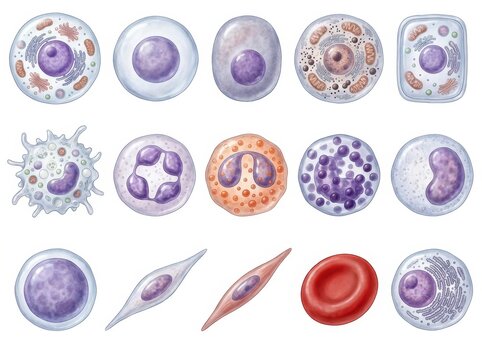 Detailed illustration of various blood cell types, showing structure and diversity.