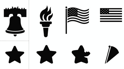Set of six bold black silhouette symbols featuring liberty bell flame torch stars flags with architectural elements against clean white background © PRITOM