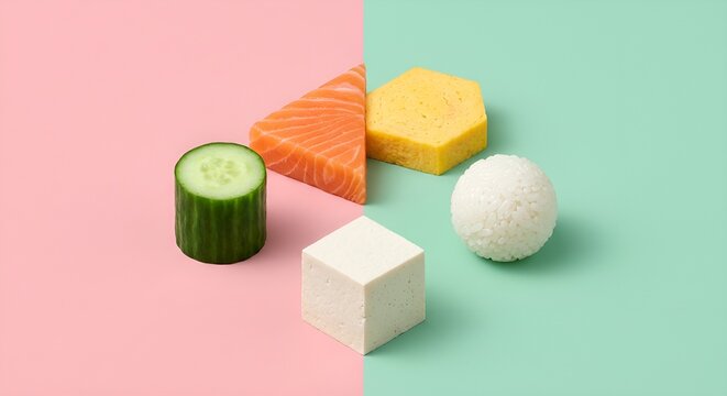 Abstract geometric food shapes featuring salmon, rice, tofu, cucumber, and egg on pastel split background.
