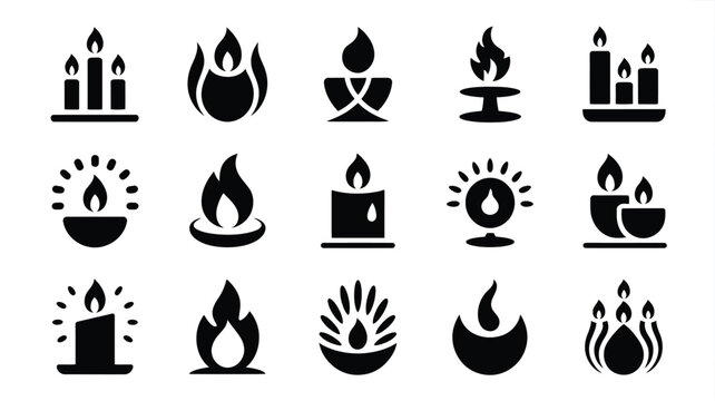 Black minimalist candle flame icons set with various designs with modern graphic style against neutral background black silhouette icons with displays collection sleek