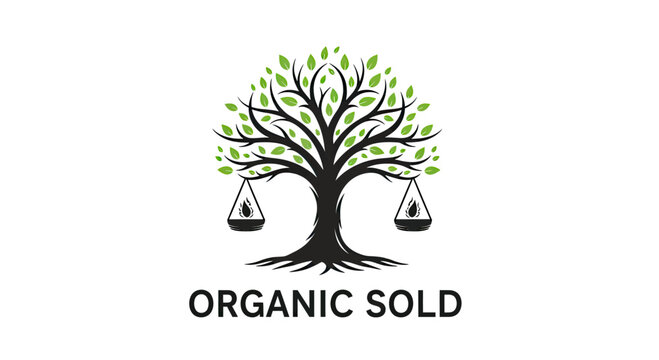 Tree logo with scale pans for organic certification.