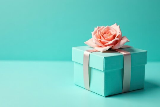 A delicately adorned aqua present box, tied with a beige ribbon, features a light peach artificial rose, symbolizing a thoughtful gift