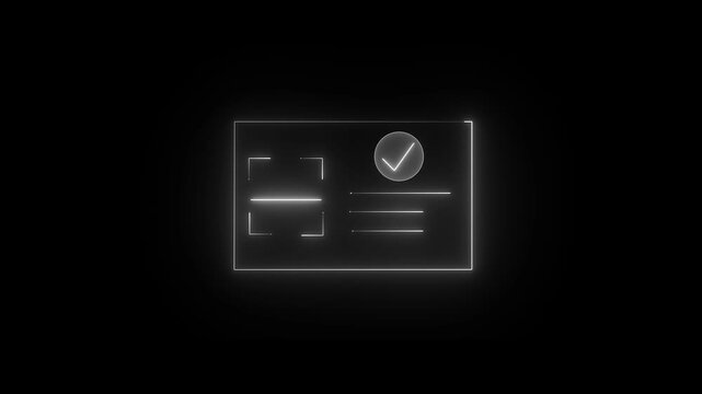 Glowing blue neon id card icon with user avatar profile symbol representing digital identification and electronic security access badge on a dark ..