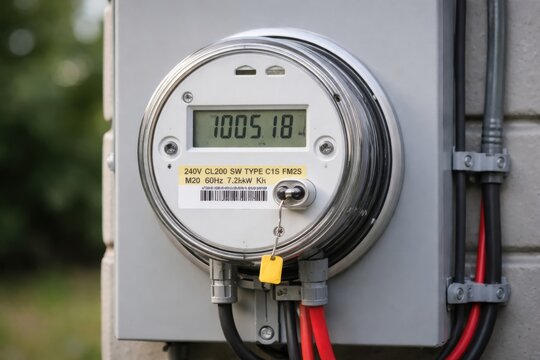 Electric meter shows energy usage readings on a gray wall, with wires connected and greenery visible in the background