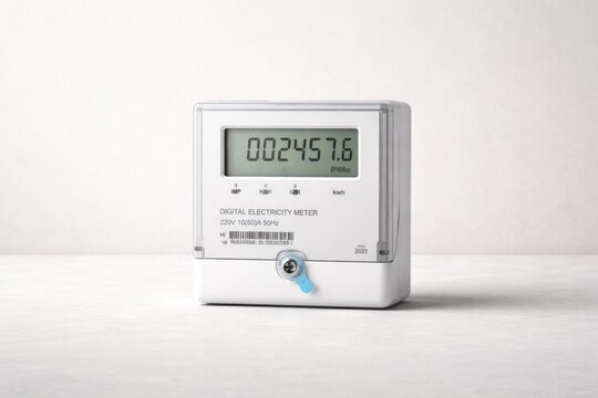 Digital electricity meter shows energy consumption readings on an LCD screen, with a blue reset button and a minimalistic design on a light background