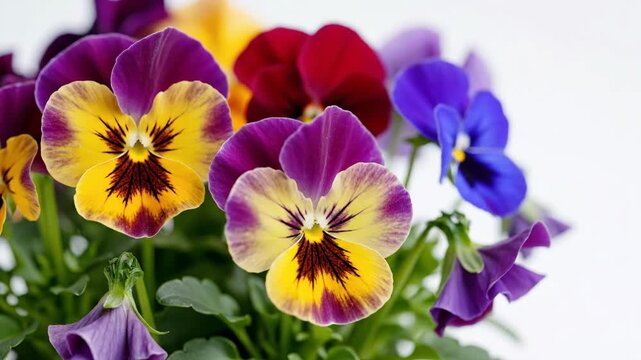A close-up of colorful pansy flowers blooming, showcasing their vibrant petals and natural beauty.