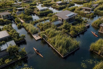 Naklejka premium Sustainable floating community surrounded by constructed wetlands