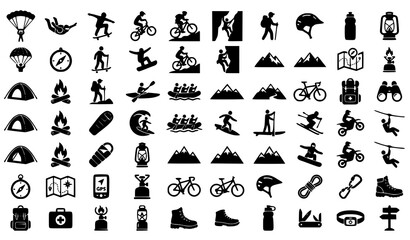 Obraz premium Professional Adventure Sports Icon Collection with Parachuting Skateboarding Biking and Outdoor Symbols