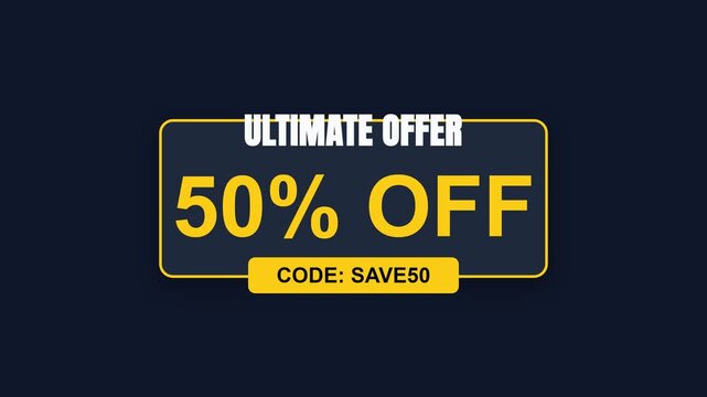 Dynamic animated sale banner with percentage discount and promotional code, transitioning from 38% to 50% off, symbolizing increasing savings and limited-time offers for retail promotions