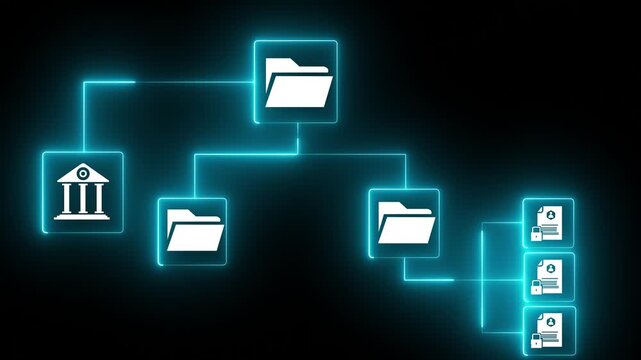 Secure digital file management system with structured folder hierarchy and document access control, showing business professional working organize, protect, and manage enterprise data