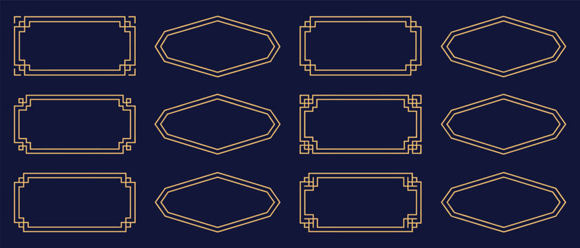 Art deco geometric label frame set, gold line vector badges with hexagon and rectangle shapes, vintage luxury border collection for packaging and invitations