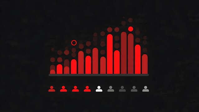 Red bar chart with red circles and dots representing data points and increasing trend with simplified figures below dark background.