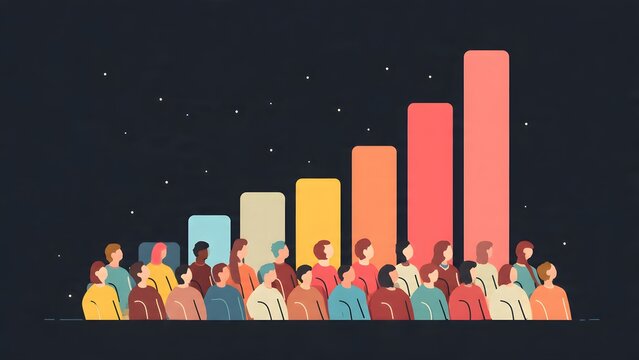 Crowd of diverse people arranged in ascending bars representing growth and statistics illustration against dark starry background vibrant colors vibrant people.