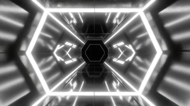 Futuristic geometric tunnel with glowing white lines and reflections