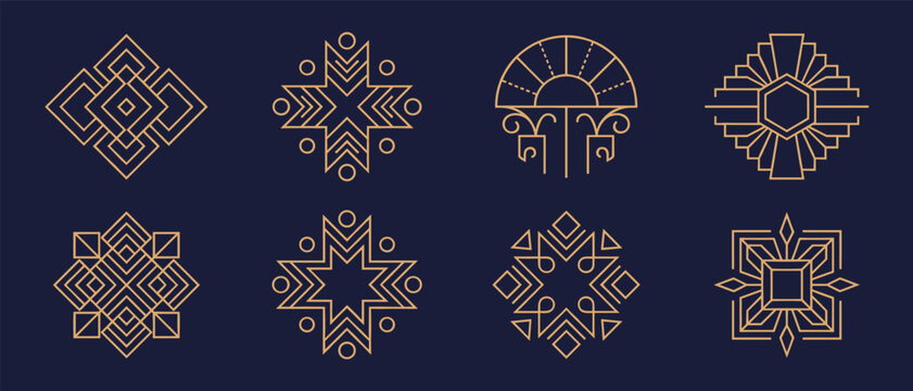Geometric line icon set, abstract mandala and snowflake style badges with editable stroke for logo and decorative design