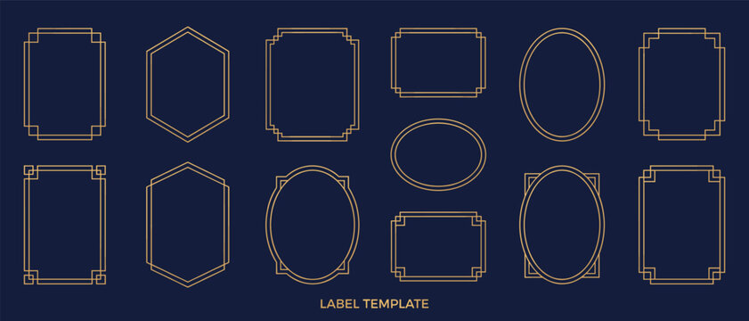 Art deco label template set, gold geometric badge collection with hexagon oval and rectangle frames for luxury packaging design