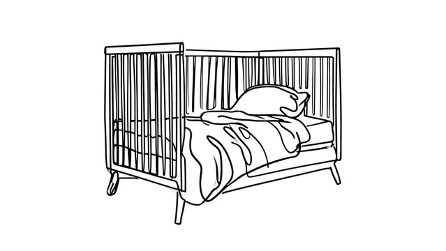 Minimalist crib with bedding white background.