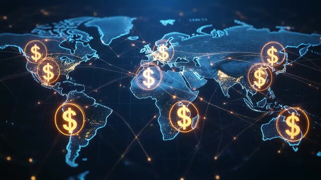 Abstract global economy map with dollar aura animation background