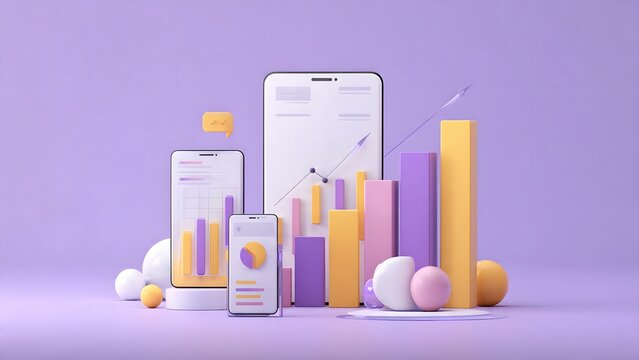 Digital marketing and business analytics concept with 3d rendered mobile devices bar charts and pie graphs on a light purple background.
