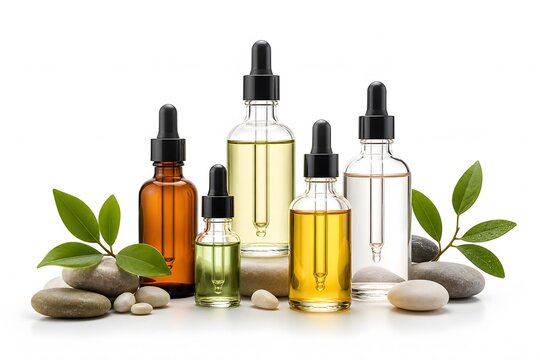 Essential Oils Dropper Bottles with Smooth Stones and Green Leaves on White Background