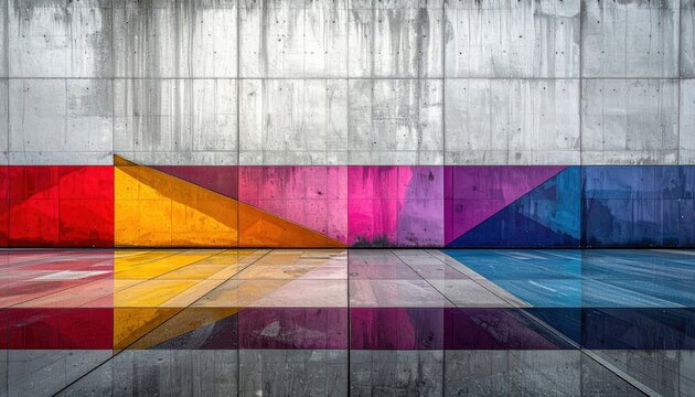 Colorful Geometric Pattern on Concrete Wall and Floor Reflection, Abstract Modern Design