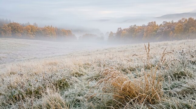Ethereal foggy autumn landscape with frosted fields and trees distant hills covered in mist creating serene and tranquil natural scene.