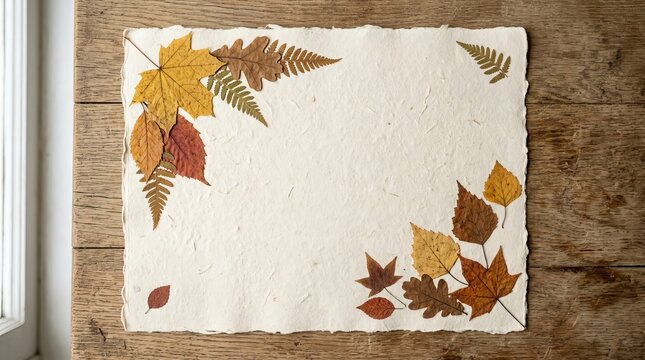 Handmade paper decorated with pressed autumn leaves and ferns, natural fall foliage arranged artistically in warm colors, craft and nature elements on wooden surface.