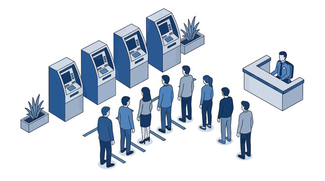 Isometric Illustration of People Queuing for Bank ATM and Service Desk