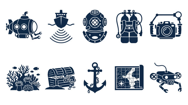 Set of Marine Exploration and Underwater Research Icons Featuring Nautical Equipment and Sea Discovery Elements