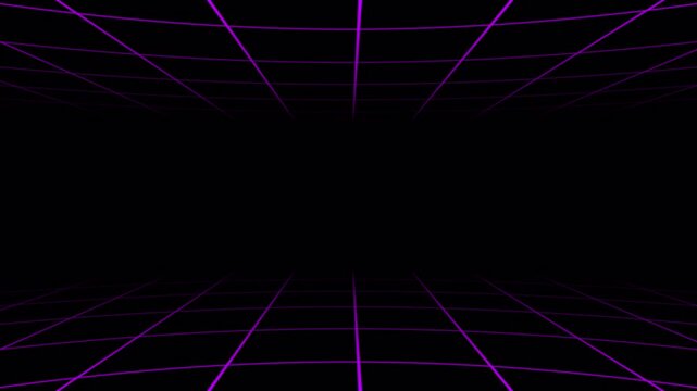 Retro neon purple grid moving forward in dark cyberspace with 80s synthwave aesthetic. 4K Video