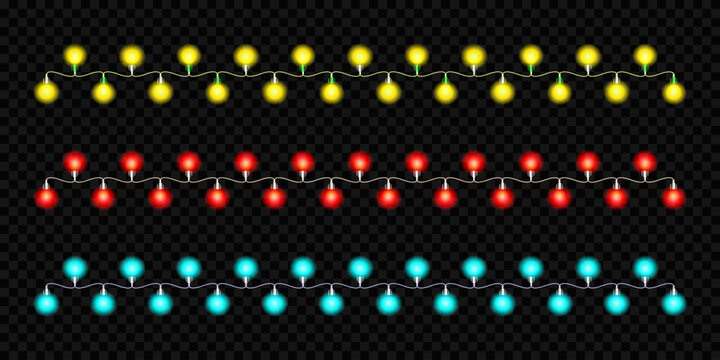 Set of colorful zig-zag festive holiday string lights on with decoration christmas illumination decorative celebration isolated transparent