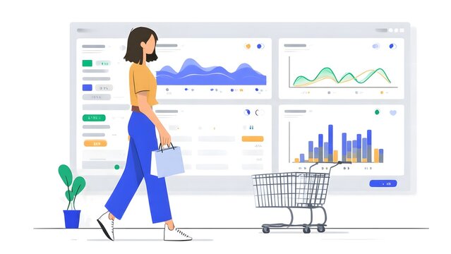 Woman with shopping bag walking past analytics dashboard with charts and graphs, concept for e-commerce sales tracking and business performance monitoring.