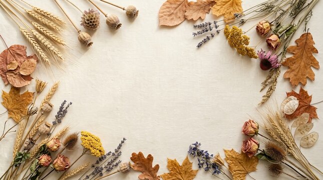 Beautiful autumn border frame with dried leaves flowers wheat and natural elements on a light background perfect for seasonal designs.